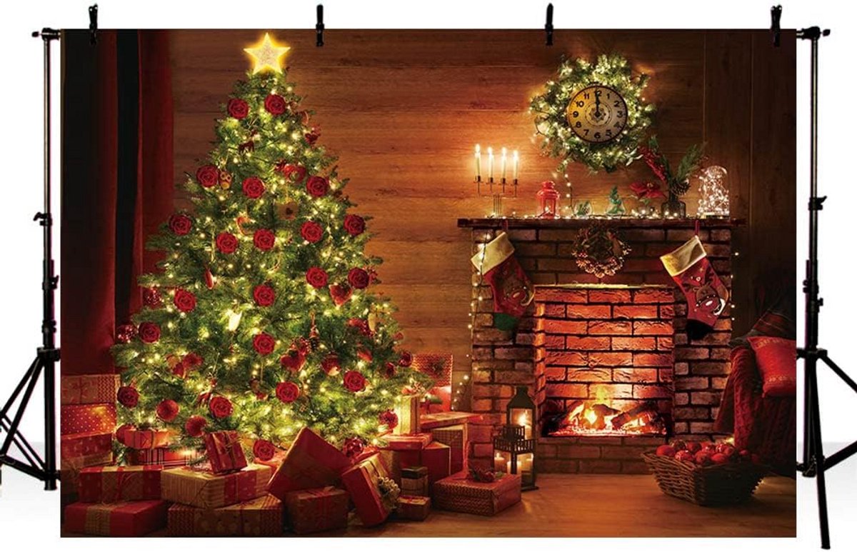 Feestelijke Kerst Achtergrond met Boom en Open Haard voor Fotoshoots
