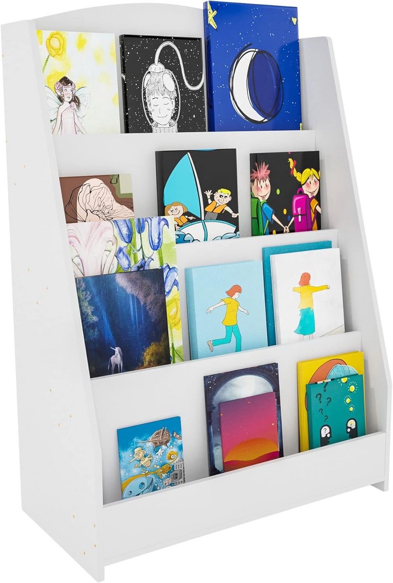 Kinderboekenkast met 4 Vakken - Lage Boekenplank voor Kinderkamer - Opbergrek Wit