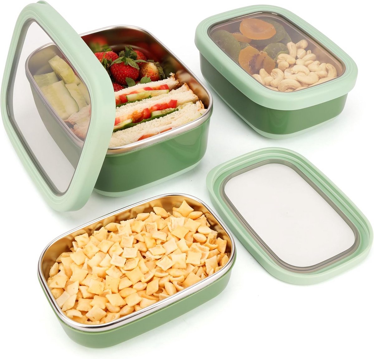 Set van 3 RVS Lunchboxen met Deksel - Lekdicht & BPA-Vrij - Magnetron & Vaatwasserbestendig