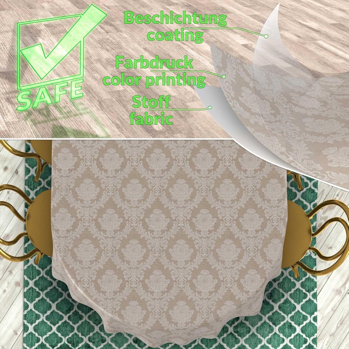 Ovaal Tafelkleed Textiel 180x140 cm Beige Jacquard Katoen Polyester Waterafstotend