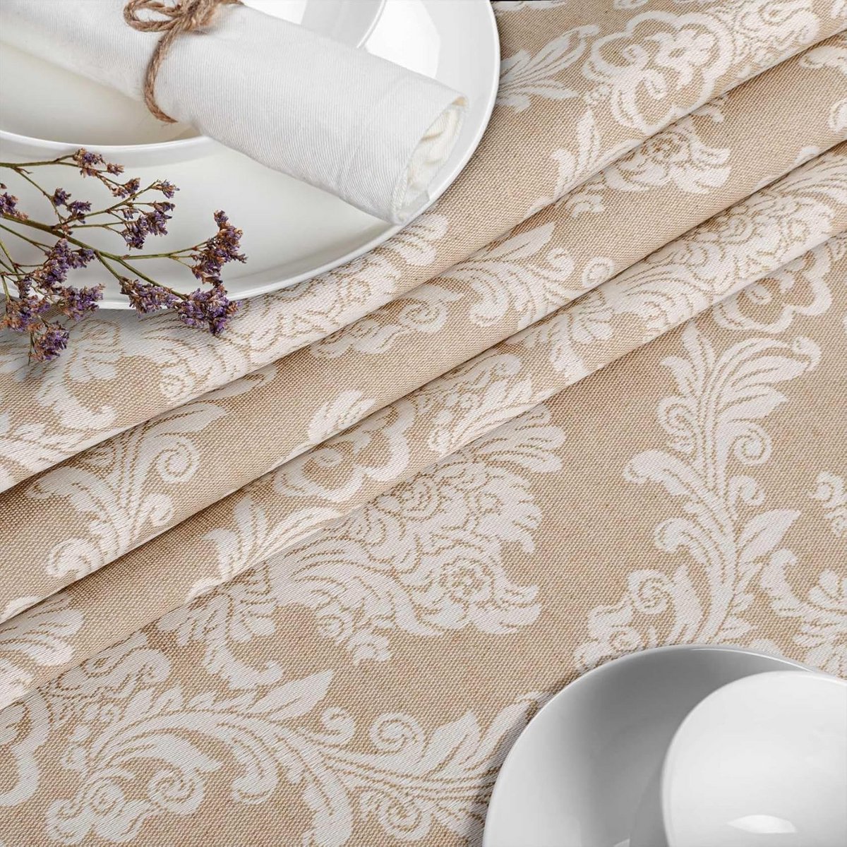 Ovaal Tafelkleed Textiel 180x140 cm Beige Jacquard Katoen Polyester Waterafstotend