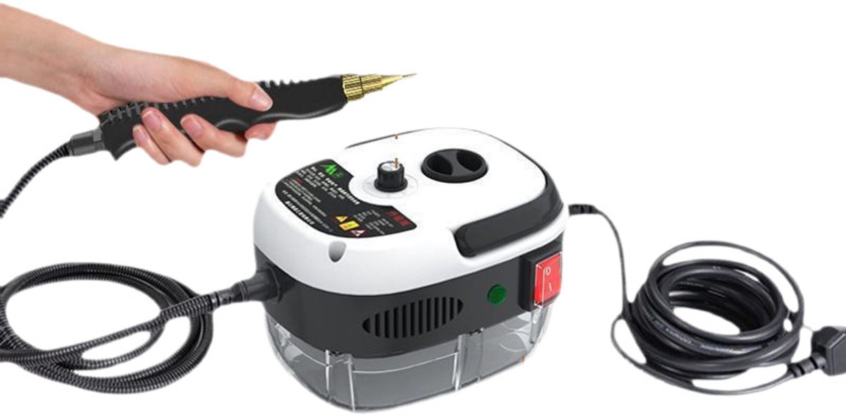 Deze draagbare handstoomreiniger van 2500 W heeft een hoge temperatuur, drie opzetborstels en zes instelbare standen. Geschikt voor keukenmeubels, badkamers, auto's, enz. (Wit)