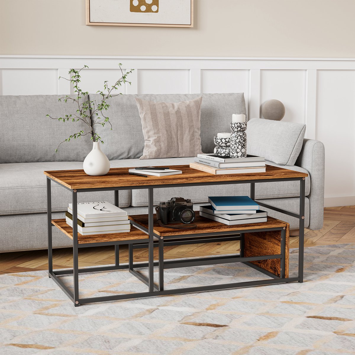 Nesttafels Set van 2 – Rechthoekige Salontafel & Bijzettafel – Met Metalen Frame en Opbergruimte – Multifunctioneel Design