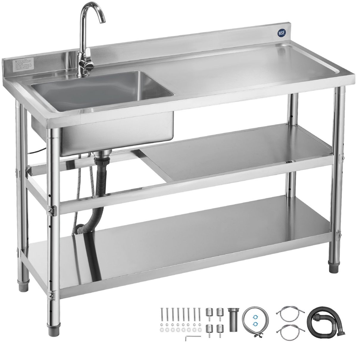 RVS Spoeltafel - Enkele Spoelbak - Afmetingen 120 x 50 x 94 cm - Met Kraan - Werkblad Rechts - Twee Opbergvakken - Vrijstaand - Voor Horeca & Buiten