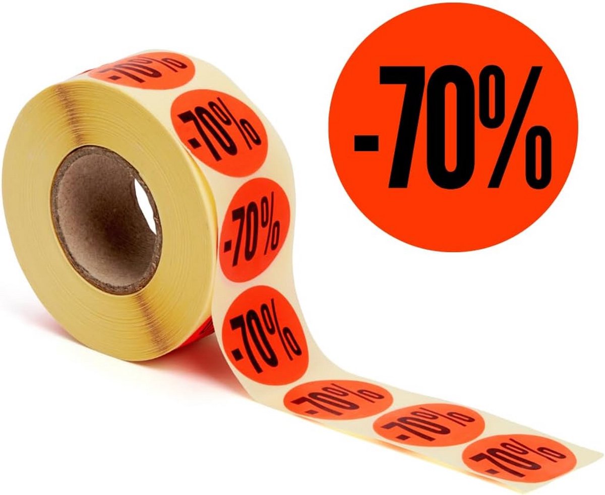 Actieetiketten -70% voor Kortingsstickers Rond Rood - 1000 Stuks Ø32mm