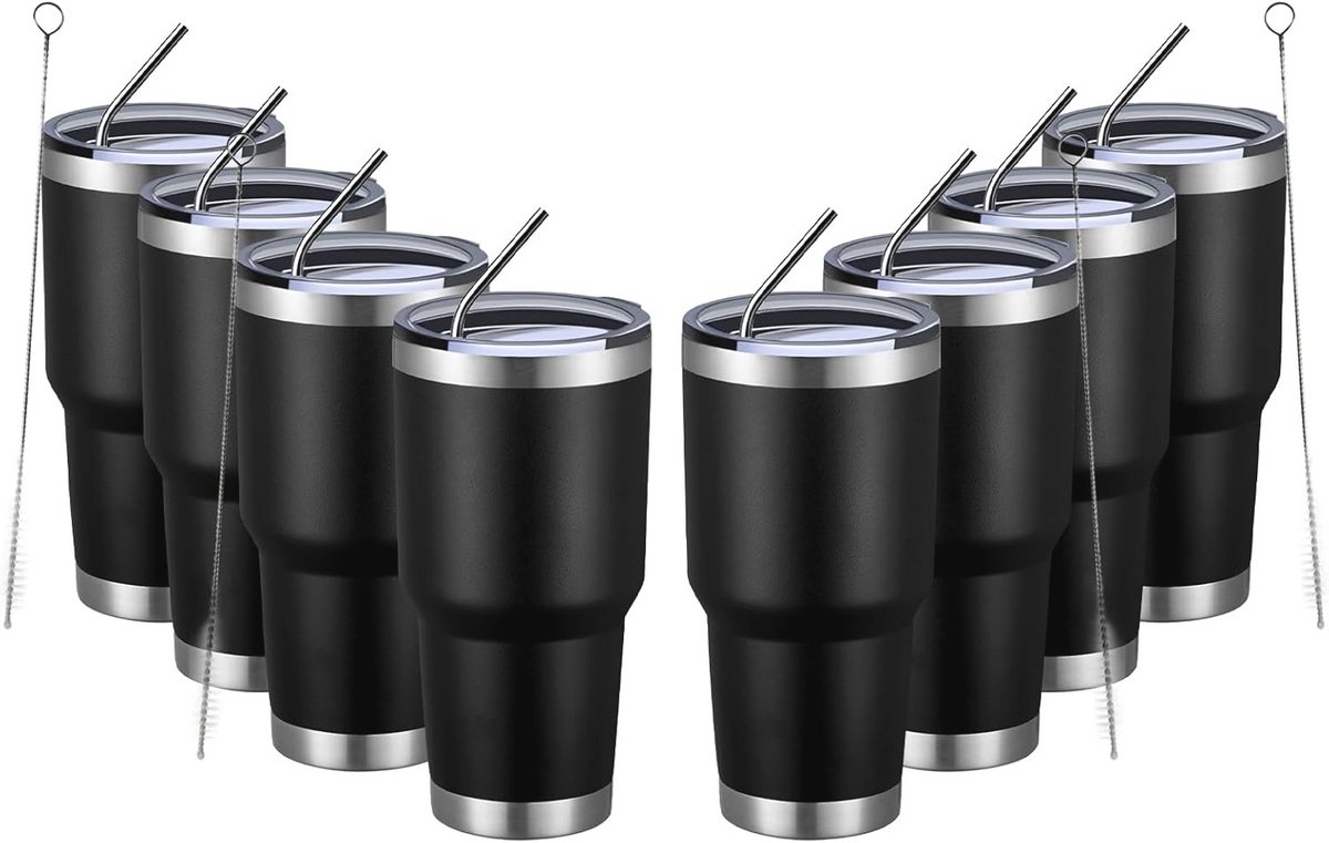 Geïsoleerde 31oz koffiebeker met deksels en rietjes - RVS dubbele vacuüm beker voor koude en warme dranken - Duurzame poedercoating (8 stuks)