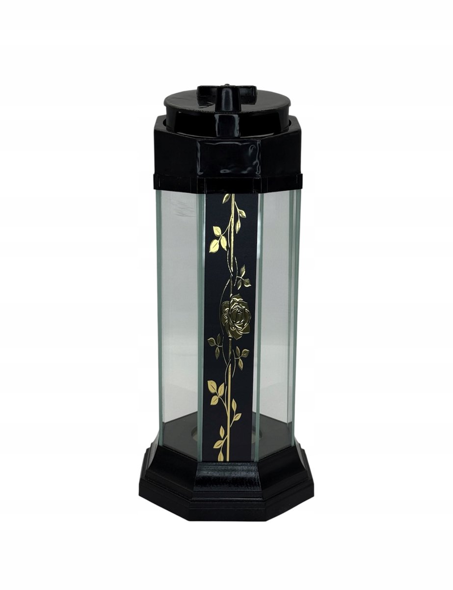 Zwart glazen kaars met gouden roos - graflantaarn 28 cm
