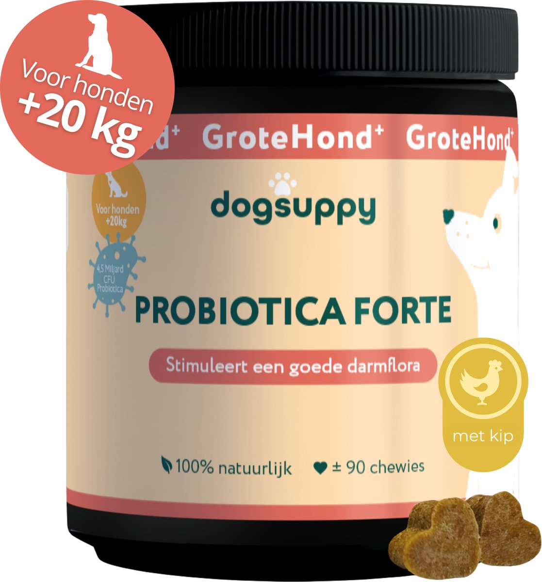 GroteHond⁺ Probiotica Forte - Met kip - Ondersteunt Darmflora & Spijsvertering - 100% Natuurlijk - 90 snoepjes - Gras eten, Problemen met Ontlasting & Huidgevoeligheid - 4.5 miljard CFU Probiotica per snoepje - Voor Grote Honden +20kg