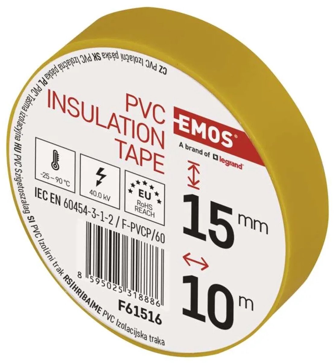 Duurzame PVC Isolatietape 15mm x 10m Geel