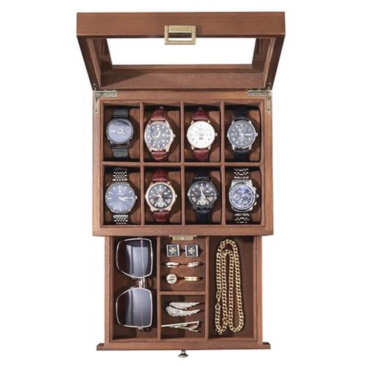 Houten Horlogebox met 8 Compartimenten - Horlogebox met Glazen Deksel voor Sieraden en Accessoires