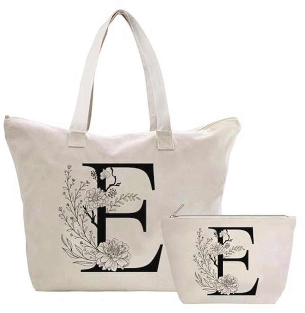 Gepersonaliseerde canvas tas met initialen voor dames - Boodschappentas en Make-uptas
