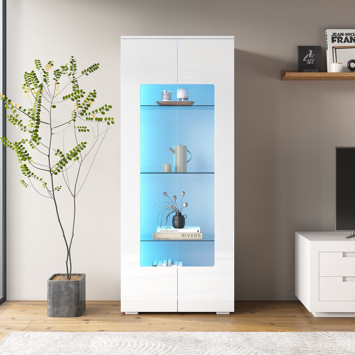 Sweiko Vitrinekast - Acryldeuren - LED-verlichting - Hoogglans - 70 × 40 × 173 cm - MDF - Wit