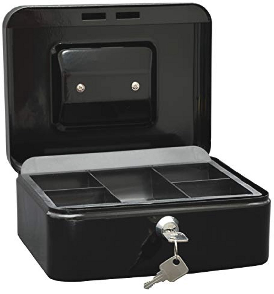 WEDO 145221X Geldcassette, van Gepoedercoat Staal, Inschuifbaar Handvat, 5-Vakken-Muntinzet, Veiligheidscilinderslot, 20 X 16 X 9 cm, Zwart