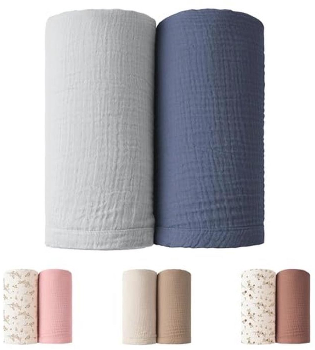 Winmany 2 stuks Baby mousseline inbakeren dekens pasgeboren jongen meisje kinderkamer ontvangen deken inbakeren wrap baby benodigdheden voor het hele jaar 100 x 100 cm/40 x 40 inch (blauw + grijs)