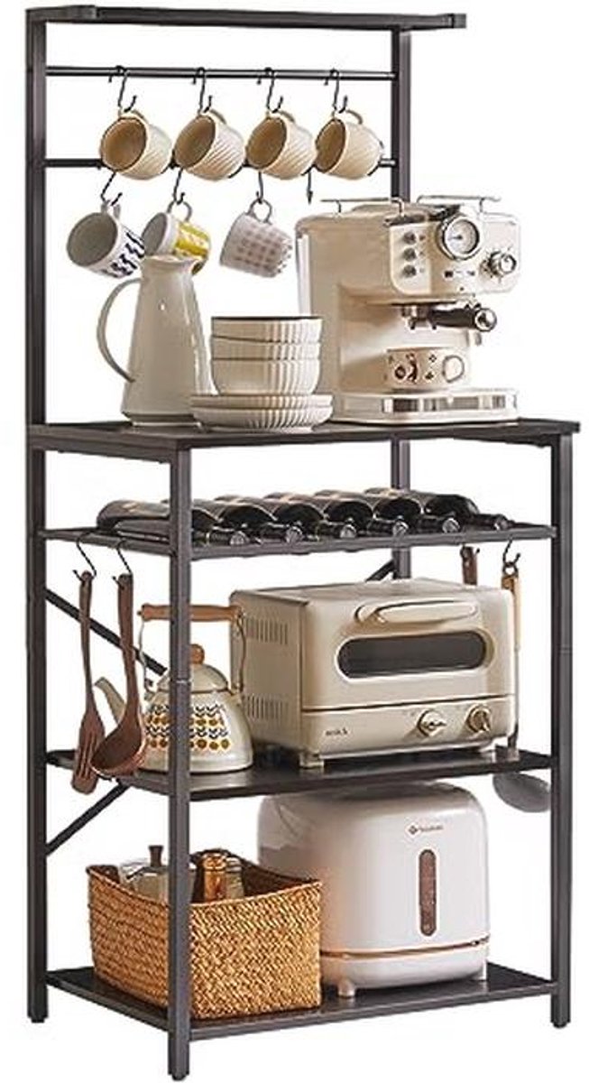 Keukenbakkersrek met opbergplanken en verstelbare wijnhouders - Industrieel design voor keuken en woonkamer