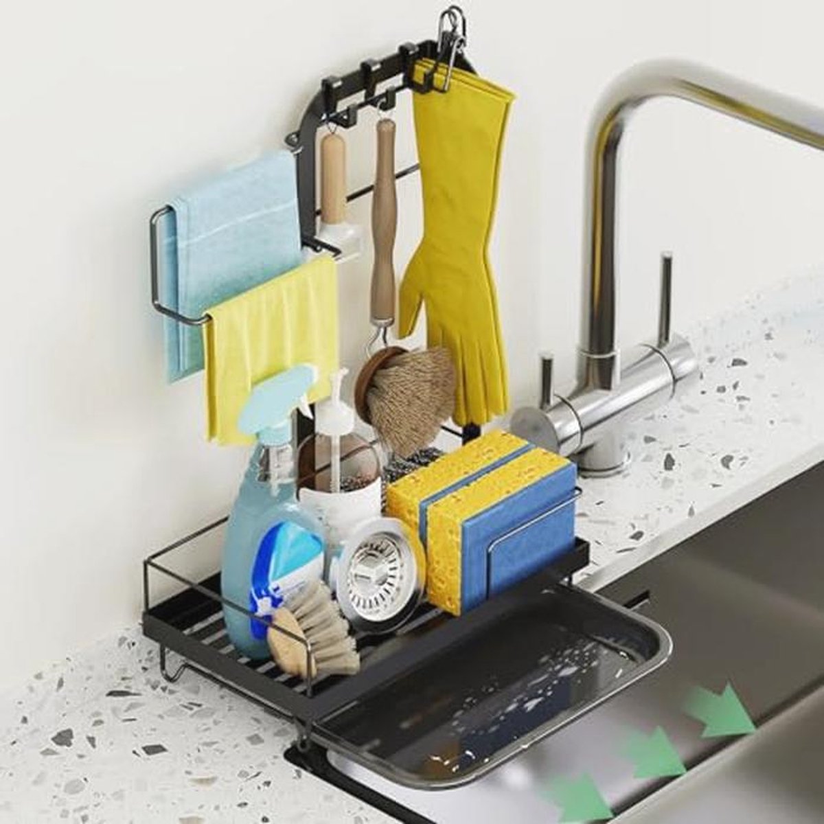 Spoelbak-organizer met afvoerpan en sponshouder - Ruimtebesparend keukenaccessoire