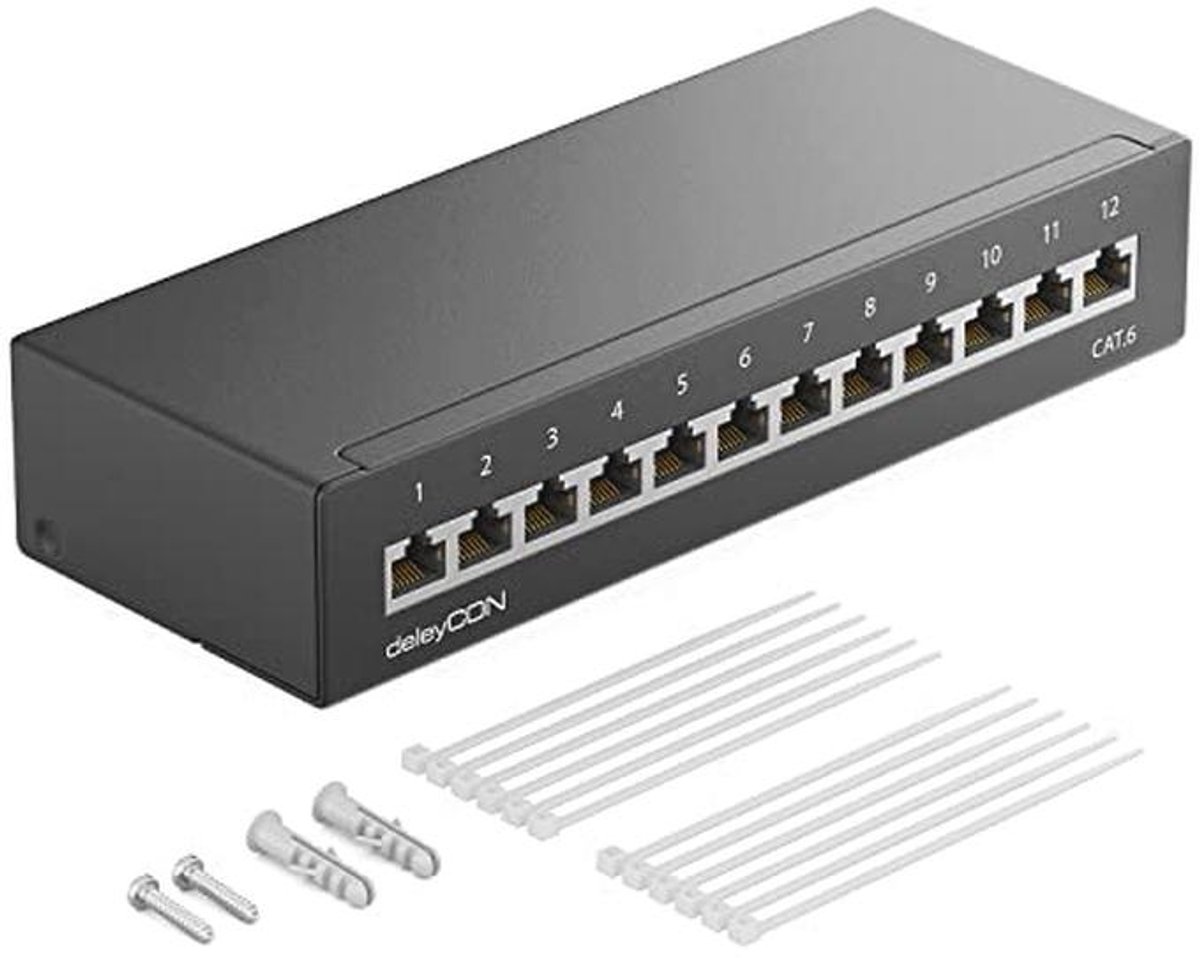 CAT 6 Patchpaneel 12 Poorten - Afgeschermd 1U wand- en desktopmontage, RJ45 aansluitingen voor professioneel gebruik