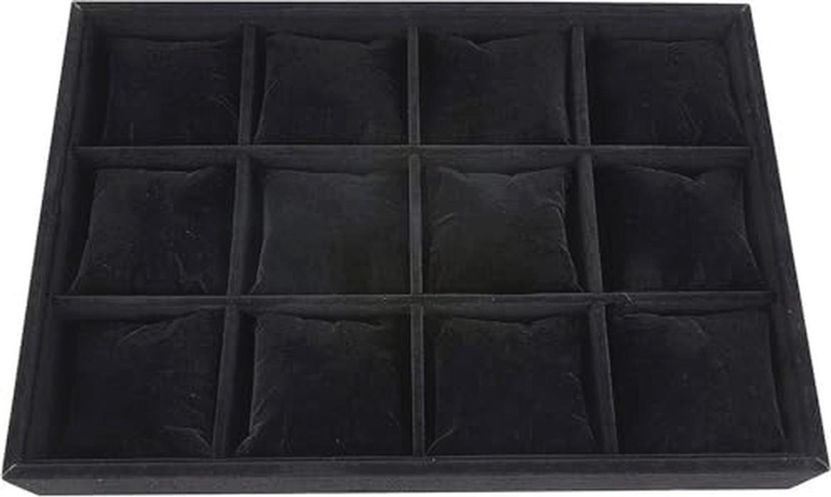 Horlogedienblad met 12 Sleuven - Fluwelen Sieradentrays en Showbox, Stapelbaar en Modern Zwart