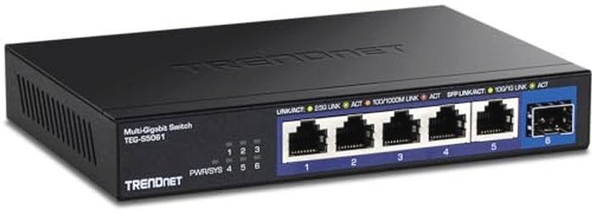 6-poorts onbeheerde 2.5G-switch met 10G SFP+-poort – Ventilatorloos, Wandmontage, Zwart