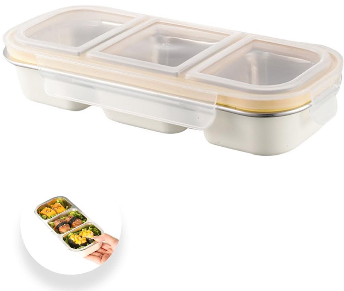 Unyqoos® Lekvrije roestvrijstalen snackbox met drie vakken voor verse snacks