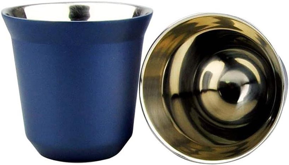 EGoods - Roestvrij Staal Dubbellaags Anti-verbranding Antislip Koffiekop 80 ml - Compact Draagbaar Warmtebehoud Theekopje - Blauw