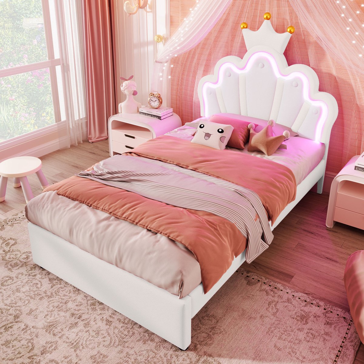 STILVORA Kinderbedden 90x200 cm - Gestoffeerd Bed Met Opbergruimte En LED Strip - Perfect