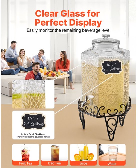 Glazen drankdispenser (10 L) met gekarteld patroon op zwarte standaard. Inclusief krijtbordlabel. Drie voorbeelden van drankjes: fruit thee, ijsthee, sap, water.