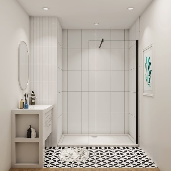 Aica Paroi de douche moderne 160x200 cm - Verre trempé sûr 10 mm NANO Easyclean - Tige de stabilisation en forme de F coupable de 90 cm - Facile à installer - Profil en noir mat