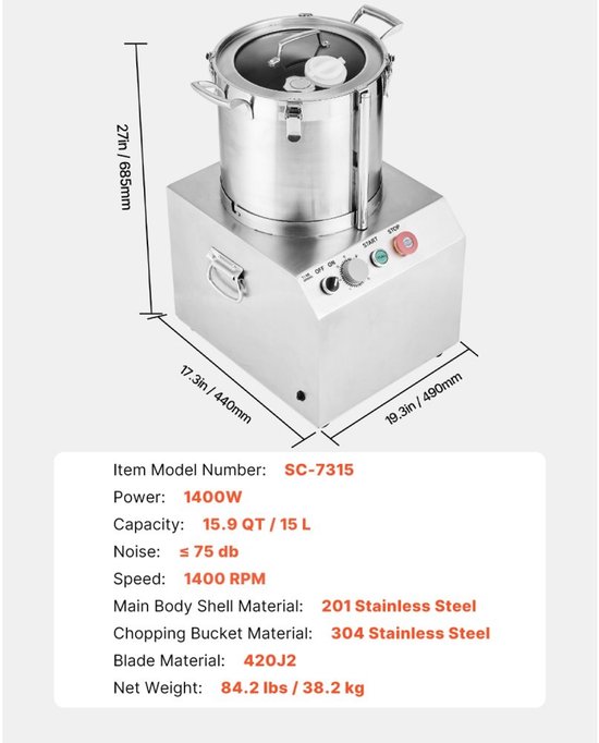 Keukenmachine Groentehakker - Voedselverwerker 15 L - RVS Voedselveilig - Met 2 Extra S-vormige Messen - Multifunctioneel - Voor Groenten, Fruit en Granen - Zilver van Merkloos — afbeelding 4