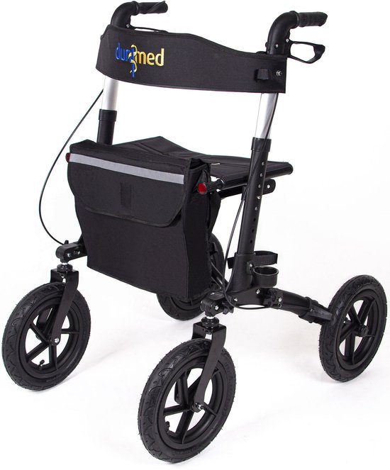 Dunimed Premium Lichtgewicht Rollator met Grote Luchtbanden - Rollator voor Buiten Inclusief Stokhouder en Tas - Dubbel opvouwbaar - Met Parkeerrem en Stevige Rugband - Zwart