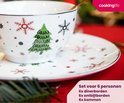 Kom en bord met kerstboom en sneeuwvlokken. Tekst: Set voor 6 personen.