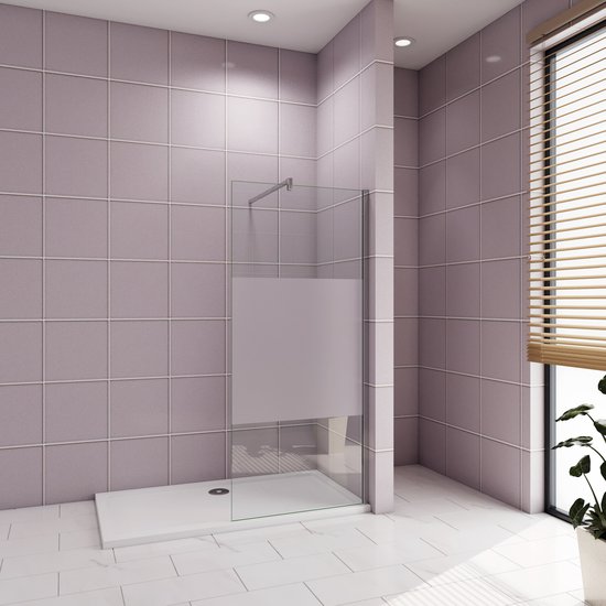 Aica Paroi de douche à entrée libre industrielle 80x200 cm - Verre trempé sûr 8 mm NANO Easyclean - Grille noire régulière - Tige de stabilisation en forme de F de 90 cm - Profil en noir mat