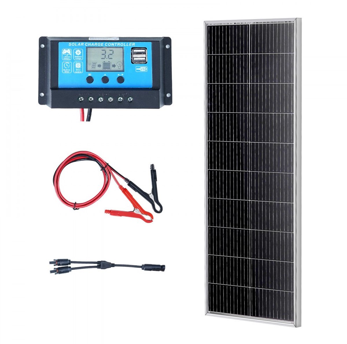 Zonnepaneelset - 12V 100W Monokristallijn - Met 8,33A Laadregelaar - Conversierendement 23% - Compatibel met AGM/GEL/FLD/Li-accu's - Geschikt voor Camper, Boot en Thuis