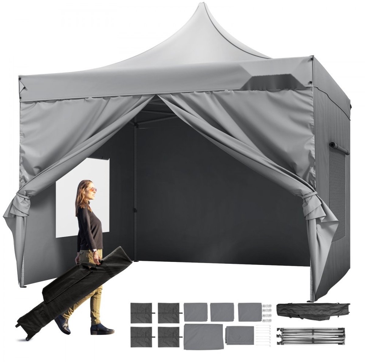 Pop-up Partytent - Opvouwbare Tuintent - Afmeting 3,05 x 3,05 m - Hoogte Verstelbaar tot 320 cm - Stof 500D PU met Zilvercoating - Met Draagtas - Voor 6-8 Personen