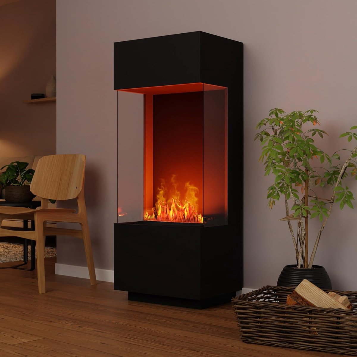 Elektrische Staande Haard TasalFurniture GlowFire – Realistische 3D LED Vlammen, Knisperend Vuur Geluid, Waterdamp Opti-Myst, Afstandsbediening, Modern Zwart Houten Design 55x136x40 cm – Vrijstaand voor Woonkamer