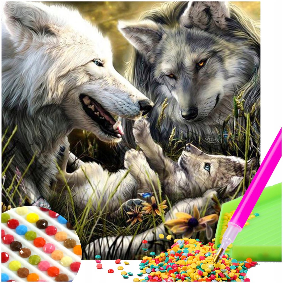 Diamond Painting Set Wolven Familie 30x30cm - Mozaïek Kunst