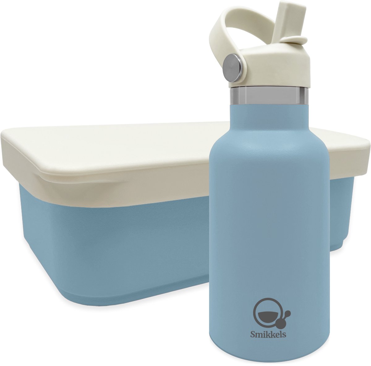 Smikkels - RVS Lunchset thermos/siliconen - Met vernieuwde rietjes dop en siliconen deksel - Blauw - Schoolset kind