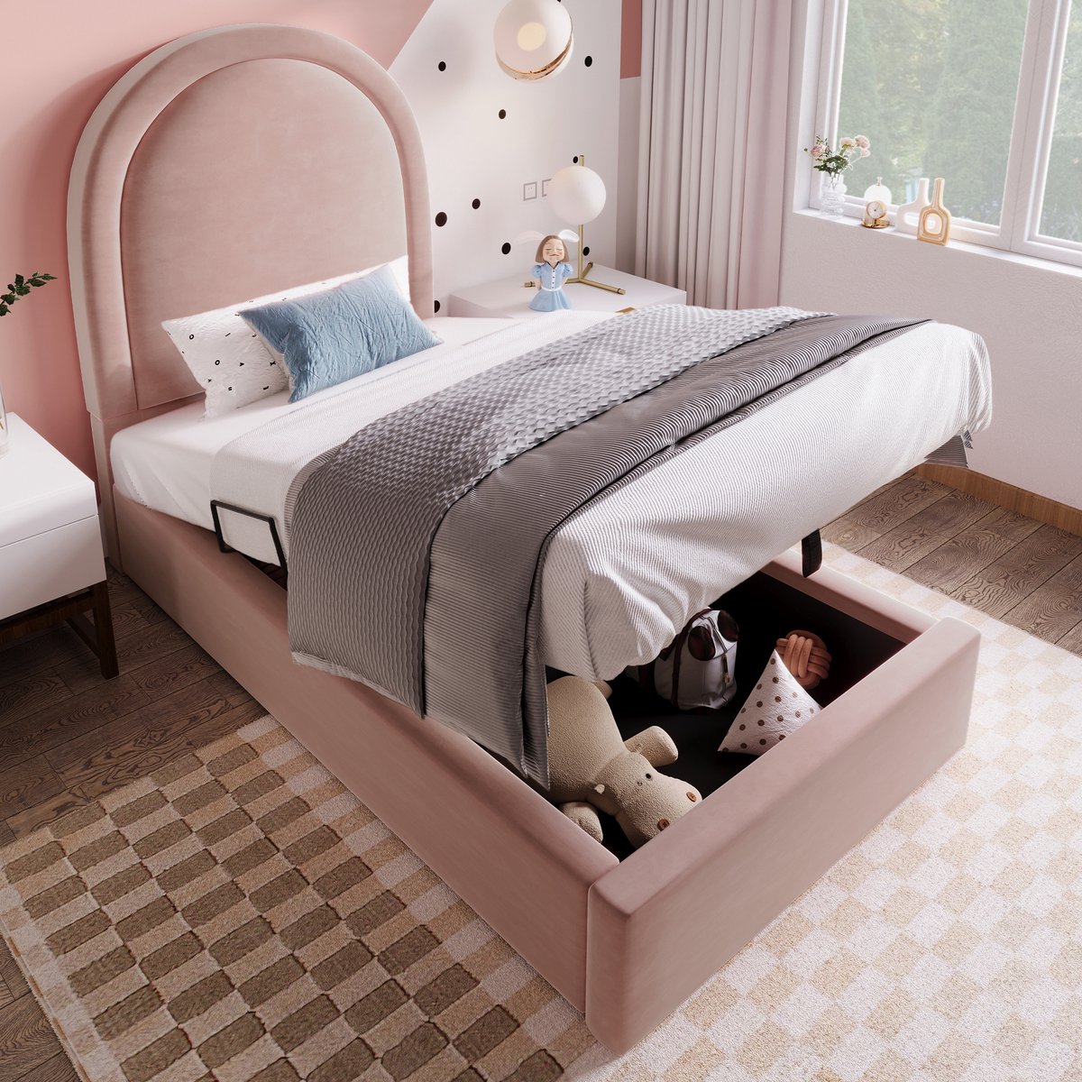 OKWISH Kinderbedden 90x190 cm - Bed Met Opbergruimte En Lattenbodem - Fluweel - Roze