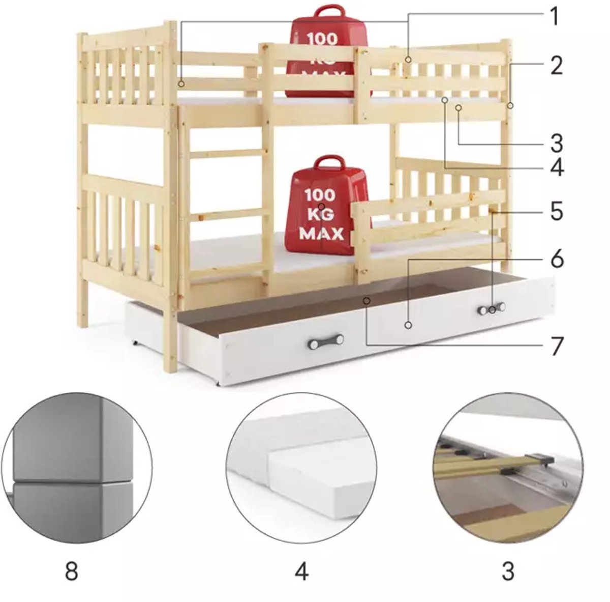 BMS - Jeugd Bunkbed KACPER - 90x200 cm - Grenen/Wit met Lade