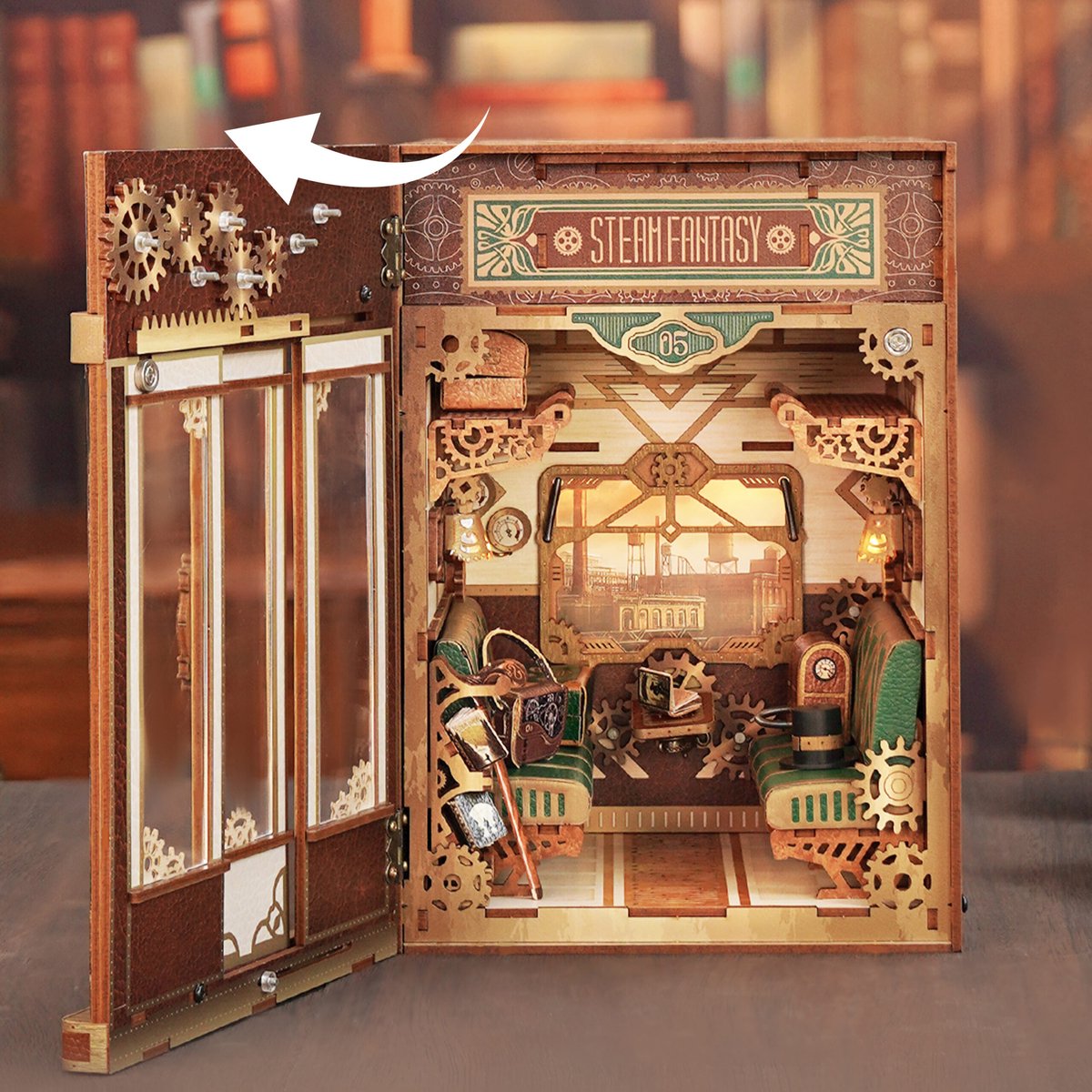 Tonecheer Steam Fantasy Book Nook Bouwpakket - Modelbouw - 15,8 x 22,4 x 22,5 cm - Houten 3D Puzzel - Boekensteun - LED-licht - Bewegingssensor Licht - Boekenhouder — afbeelding 6