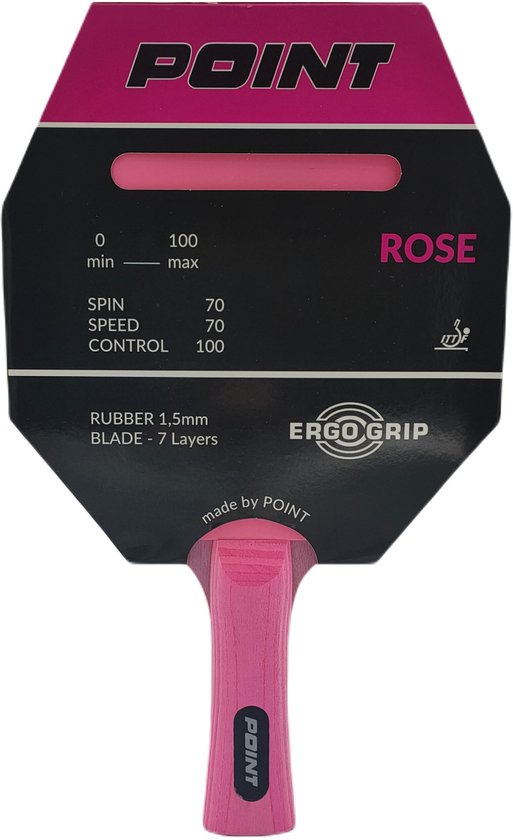 Roze tafeltennisbatje van Point met grip. Rubber 1,5mm, 7 lagen.