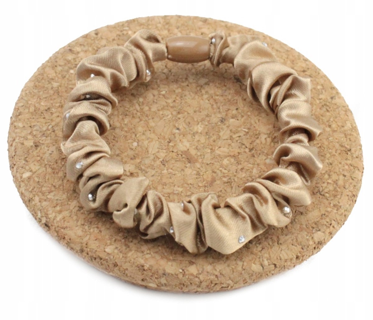 Satijnen haarscrunchie warmbeige met kristal