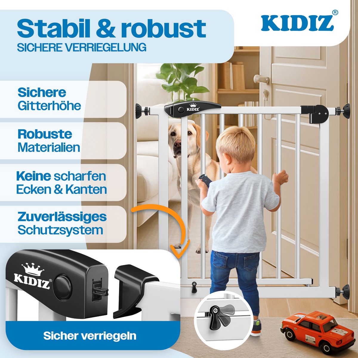 KIDIZ® Traphekje 74-80 cm Uitbreidbaar met Verlengstuk - Kinderhekje zonder boren Veiligheidshekje voor Kinderen en Baby - Wit / Zwart