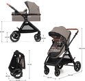 Diagrammen van de beige Kinderkraft Esme Pro kinderwagen, reiswieg en autostoel met afmetingen.