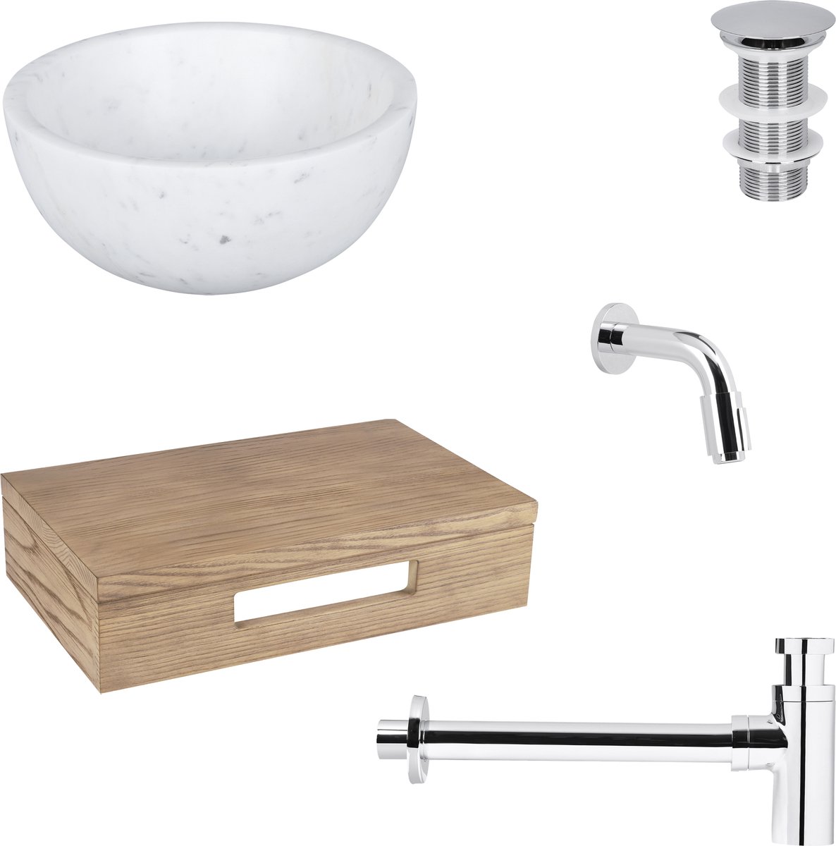 Differnz Ruz fonteinset - waskom marmer - muurkraan 11 cm chroom - inclusief wastafelplank licht eiken