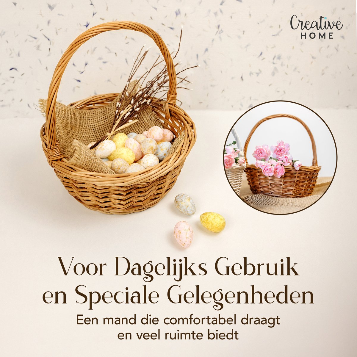 Creative Home Kleine Rieten Mand met Handvat | 22 x 22 x 26 cm | Cadeau Picnic Pasen Doos Decoratie | Paasmandje Handgeweven — cadeau in Wonen & Interieur - foto 4