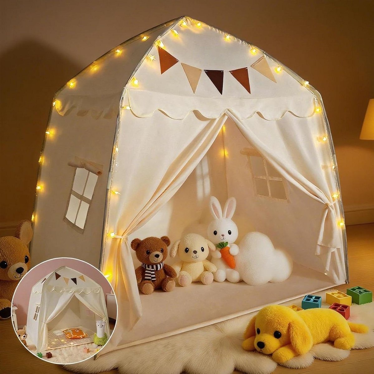 Provento - Kindertent met kleurrijke vlaggen en lichtstrips voor binnen, 150 x 108 x 150 cm groot, wasbaar katoen, indoor kindertent, kinderhuisje voor peuters vanaf 3 jaar