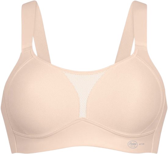 Beige sportbeha met mesh-detail op de cups en brede, verstelbare bandjes. Het 'Anita Active'-logo is zichtbaar.