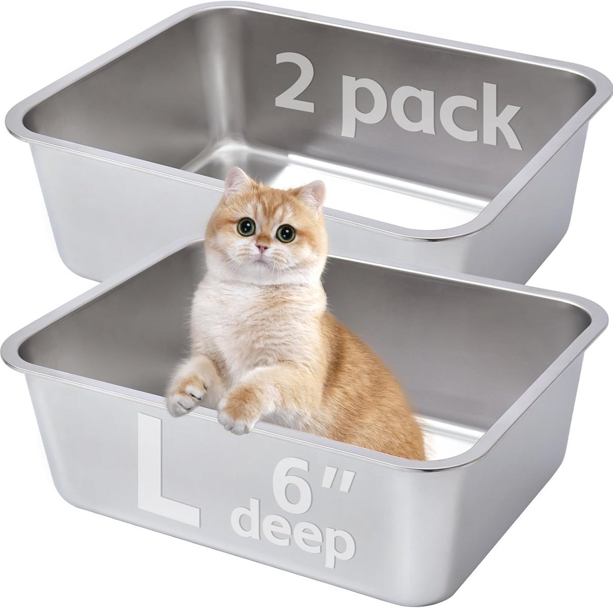 Set van 2 Roestvrijstalen Kattenbakken - 6 Inch Diep, Geurbestendig en Antiaanbaklaag, Voor Binnen en Buiten