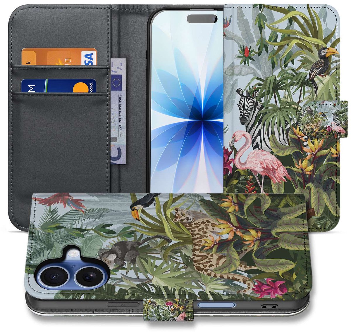 Apple iPhone 17 Hoesje Met Pasjes Jungle Design PU-Leer